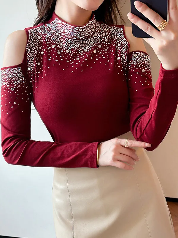 Fashionable round Neck Shoulder Bared Pure Color Slim Fit Base Shirt Trendy Commute Style Long Sleeve Thermal Drill Design Wo...