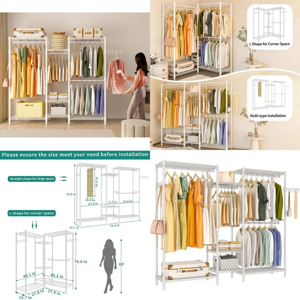 

Портативная 7-ярусная регулируемая вешалка для одежды с 4 подвесными планками, белая, максимальная нагрузка 920 фунтов