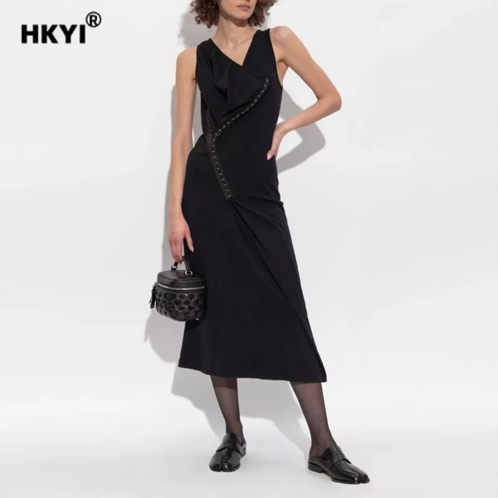 

HKYI Women's dresses black design sense irregular dress, knitted sleeveless long skirt, slimming dress