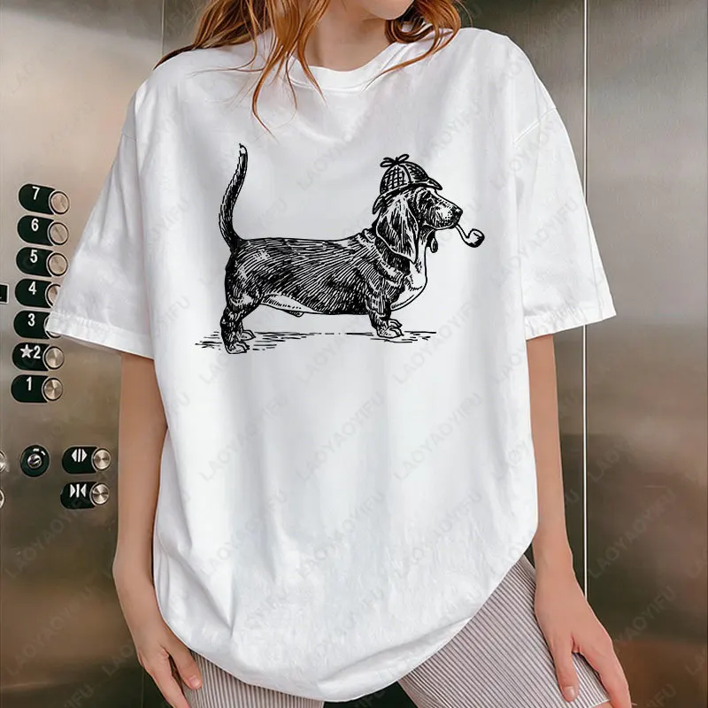 Basset Hound Sherlock Holmes mamá camiseta perro mamá regalos divertidos ropa mascota amante de los animales lindos camisetas de algodón hombres mujeres camisetas populares