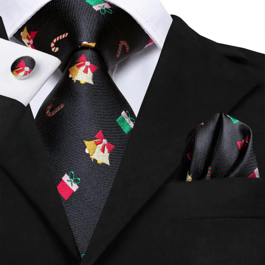 Corbata de seda negra de Navidad para hombre, conjunto de mancuernas a mano para fiesta de negocios, diseño de hi-tie, regalo