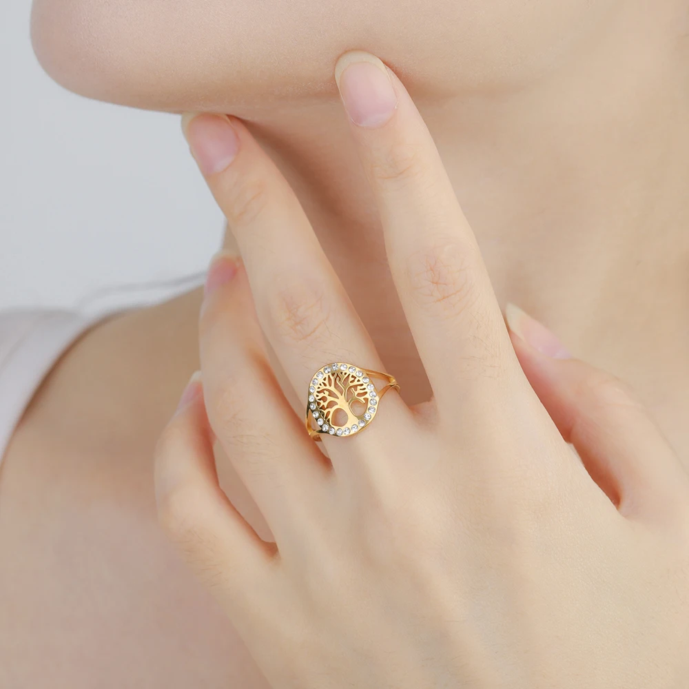 Dawapara Baum des Lebens Damen Ring Klarer Zirkon Verstellbarer Ring Yggdrasil Stammbaum Paar Schmuck Edelstahl Ehering – Detail 8