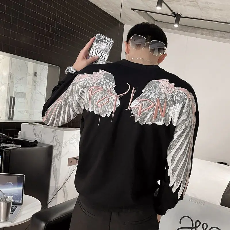 Y2k Pullover Harajuku Hip Hop Sweatshirt Loose Long Sleeved Men Top Oversized Wings Printed Jacket Cotton  New Streetwear Men