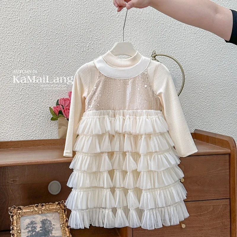 Girls Skirts 2024 Autumn New Childrens Wear Girls Baby Treasure Foreign Style Advanced Water Corrugated Mesh Princess Dress