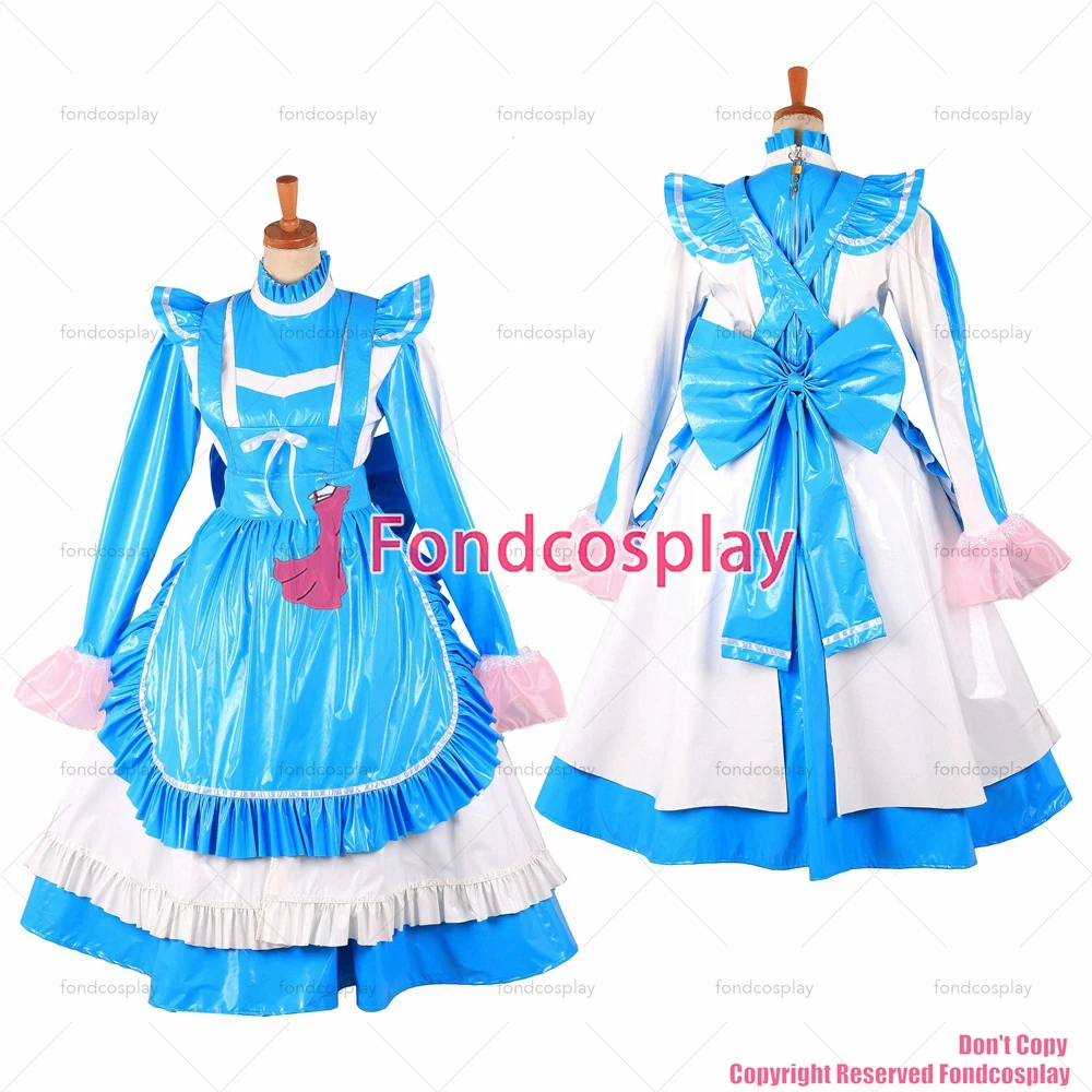 

fondcosplay adult sexy cross dressing sissy maid long lockable blue thin PVC Dress maid vinyl Uniform apron CD/TV [G1622]