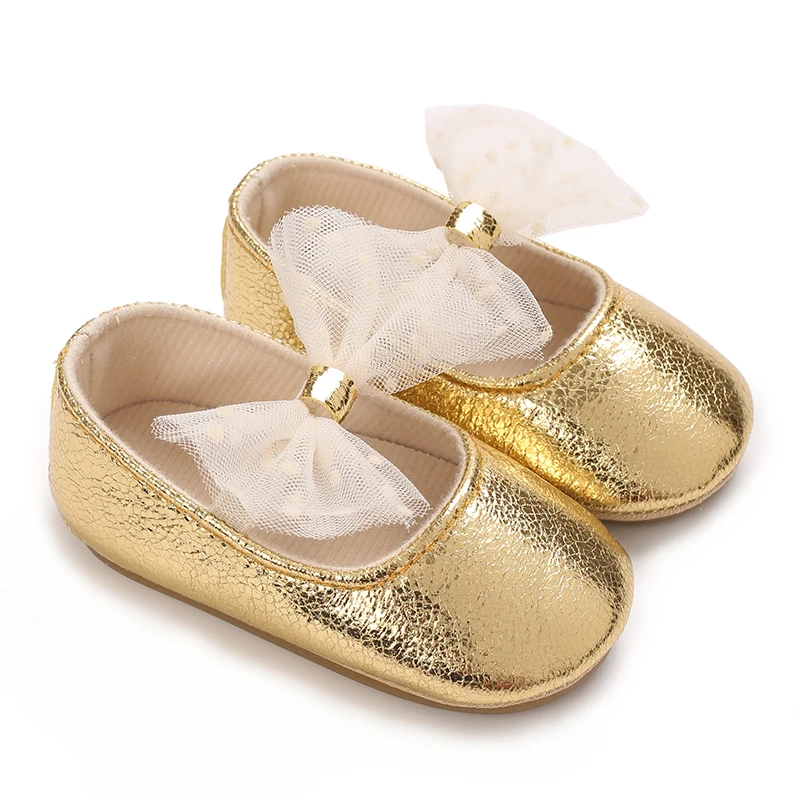 Lace Bow Baby Birthday Party Shoes Toddler Bowknot Non-Slip Rubber Soft-Sole Flat PU First Walker Newborn Bow Decor Mary Janes