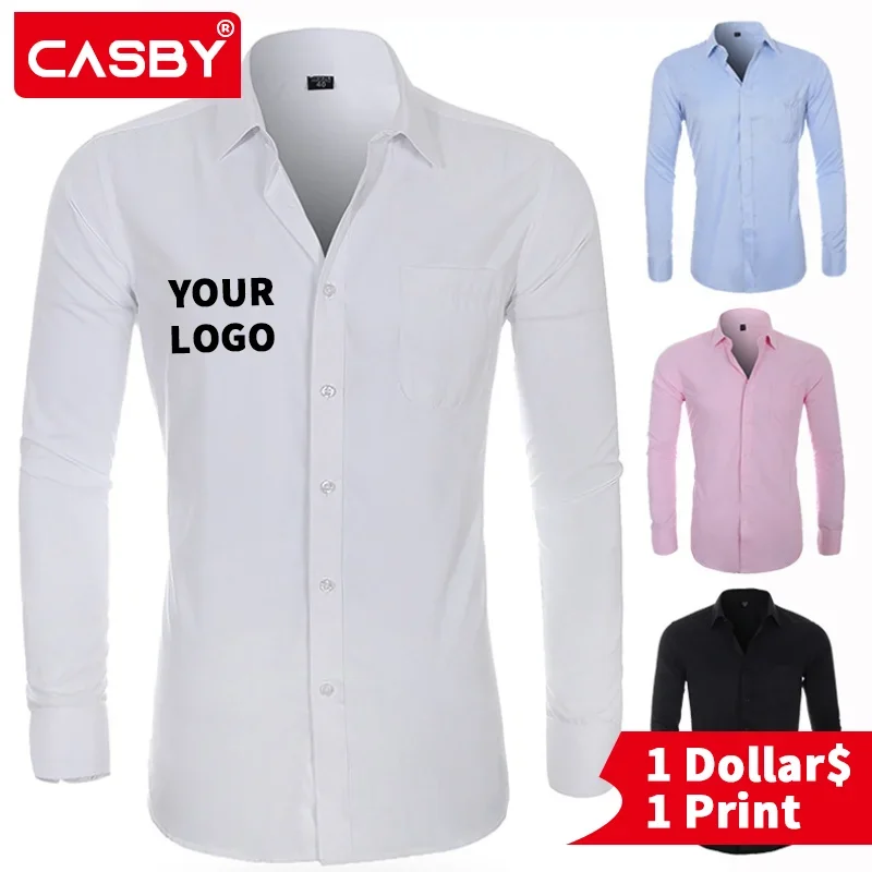 

5pcs Men Solid Color Business Shirt Fashion Casual Slim White Custom Logo Embroidery Long Sleeve Cotton Shirt Male Brand Clothes