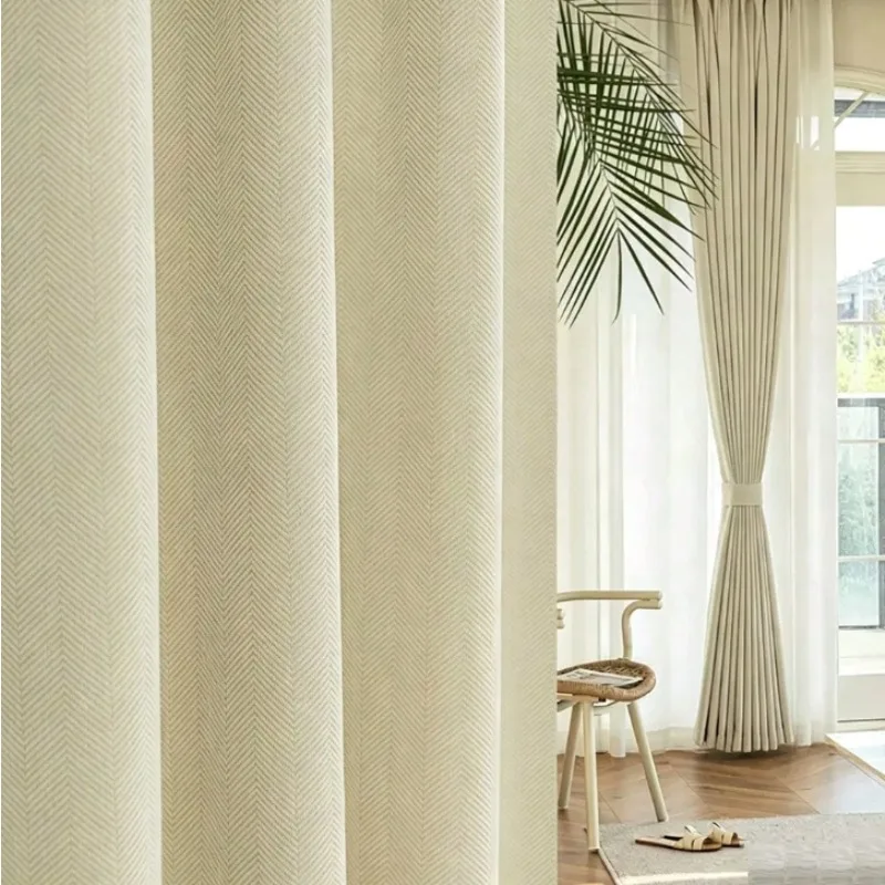 Modern and Simple New Style Off-white Herringbone Chenille Thickened Blackout Curtains Living Room Bedroom Balcony Curtains