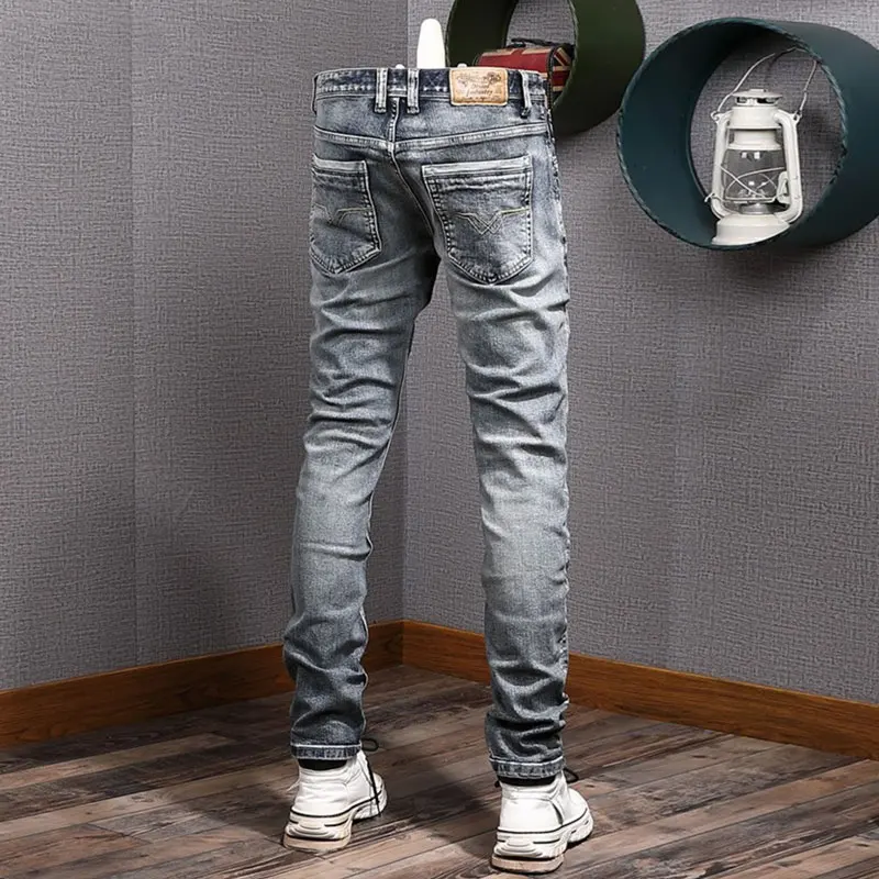 Italian Style Fashion Men Jeans Retro Washed Blue Elastic Slim Fit Ripped Jeans Men High Quality Vintage Designer Denim Pants