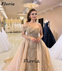 Formal Champagne Ball Gown Evening Dresses Glitter Beaded Long Sleeves Pageant Party Dress Elegant Dubai Bithday Engagement Gown