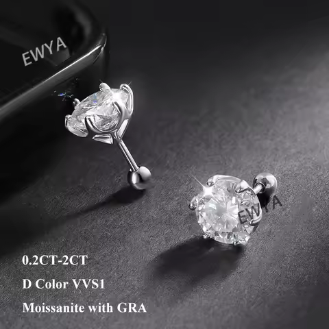 EWYA 0.5-2ct Moissanite Screw Stud Earrings D Color 925 Sterling Silver 6 Prong Diamond Earrings For Women Wedding Fine Jewelry