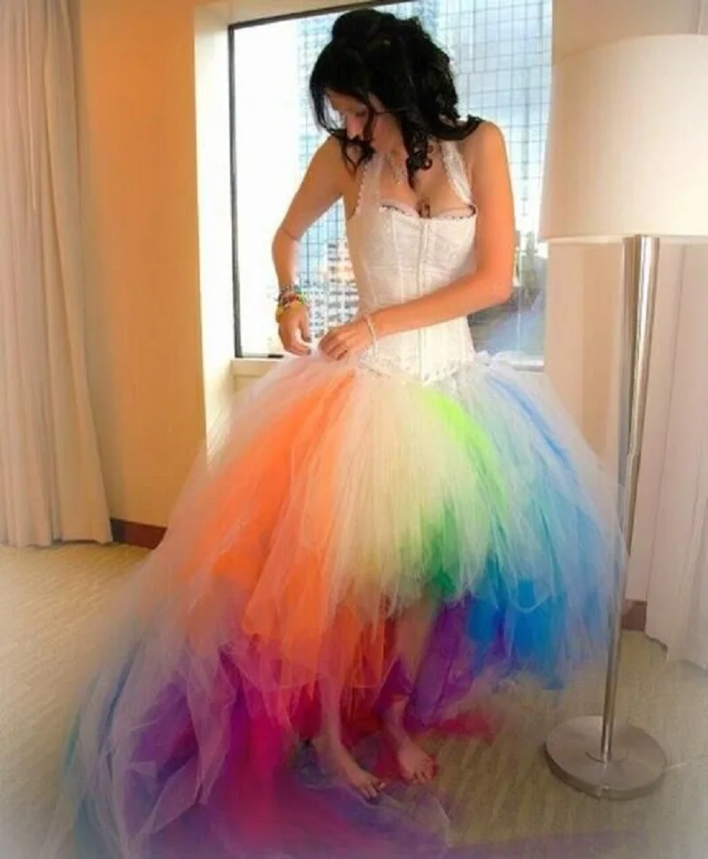 robe de mariage White and Rainbow Wedding Dress Tulle Lace Up Back High Low Wedding Gowns Bridal Dress