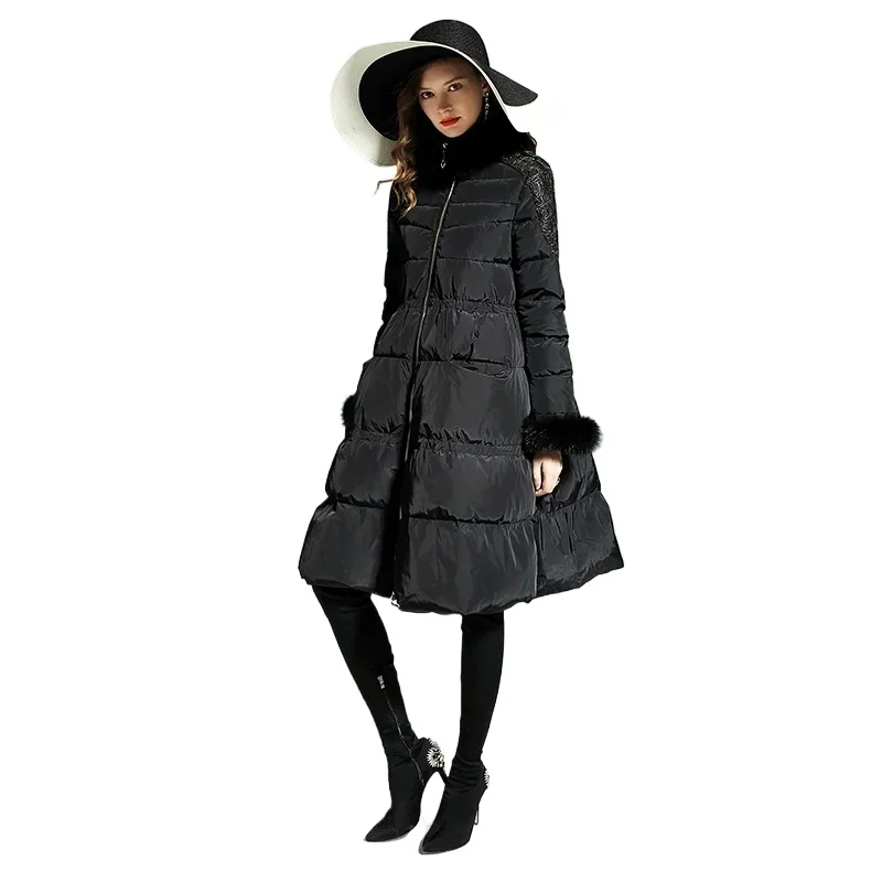 

Women Winter Jacquard Coat Patchwork Black Parkas Space Cotton Skirt Hem Coat Quality Fur Jacket Overcoat Big Size Zipper