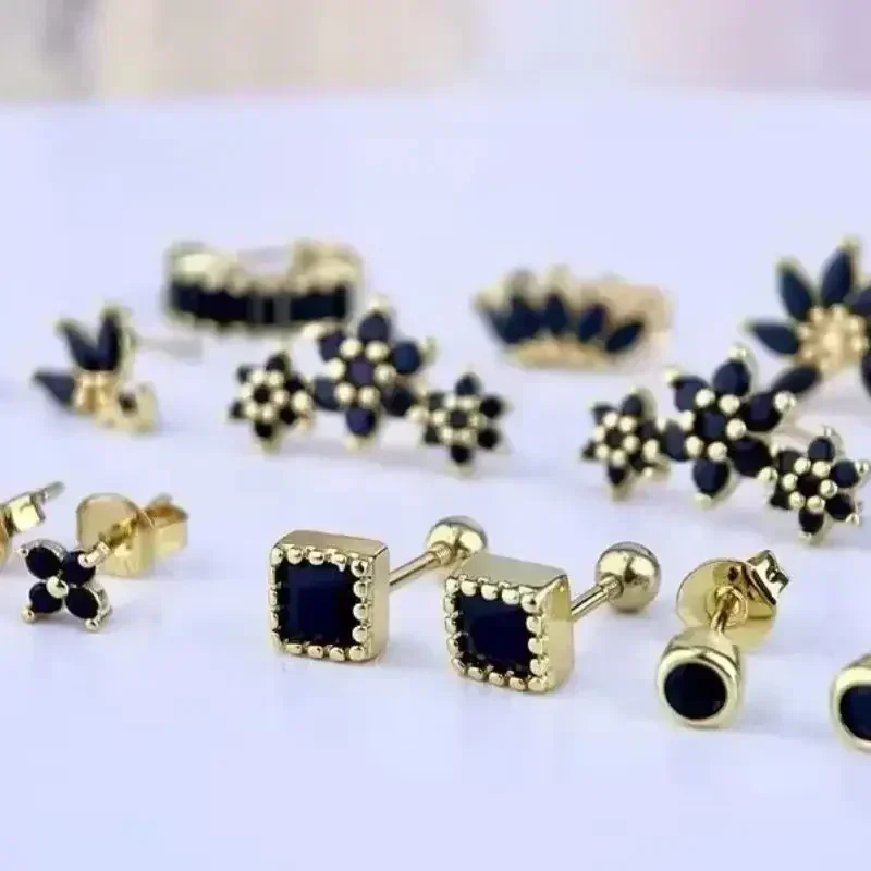 925 Sterling Silver Needle Advanced Geometric Design Black Zircon Series Earrings Women\'s Fashion Wedding Exquisite Jewelry Gift