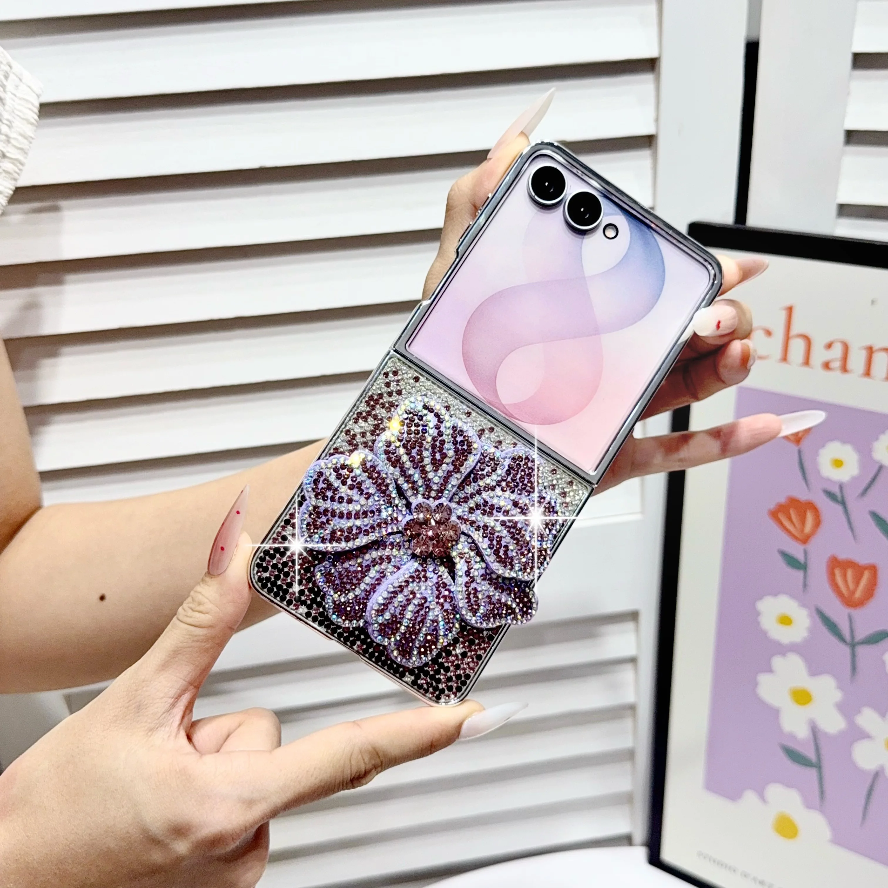 Electroplated Luxury Foldable Bling Gradient Rhinestone Sunflower Case for Samsung Z Flip 8/7/6/5/4Shockproof Plated Frame Cover