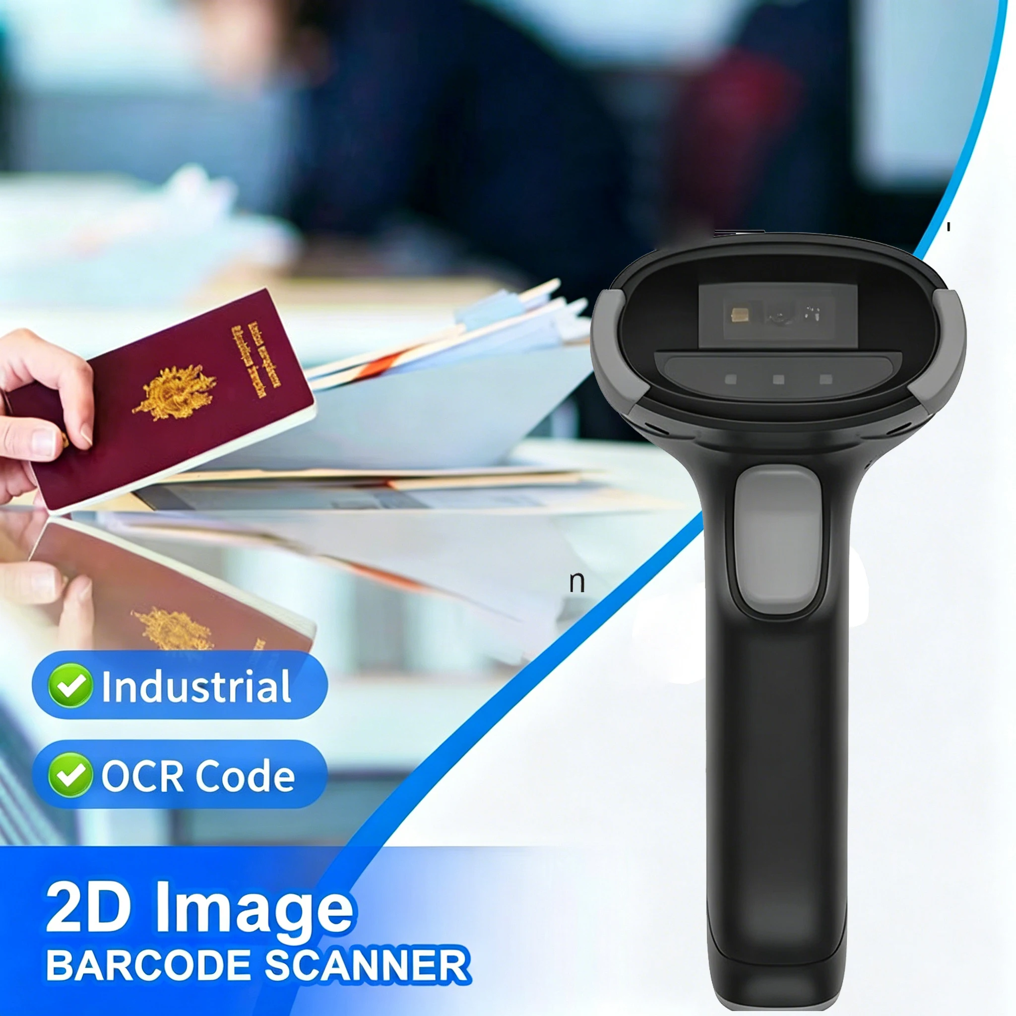 Handheld OCR/MRZ Scanner & 2D Barcode Reader – Wired QR Code Scanning Gun for Passport & ID Recognition