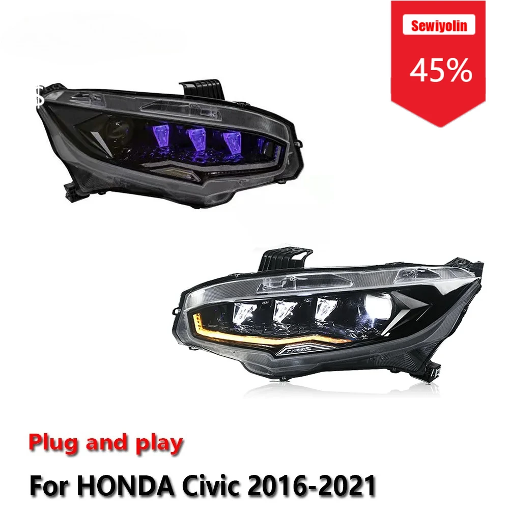 

Sewiyolin автомобильные светодиодные фары в сборе для HONDA Civic 2016-2021, противотуманные фары DRL, стоп-сигналы поворота, Plug and Play