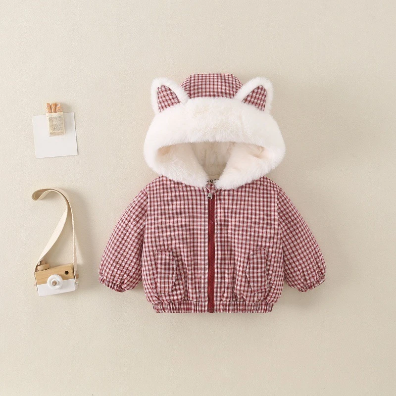 2026 Winter New Hot Selling Children's Hooded Red and White Checkered Zipper Warm Cotton Jacket