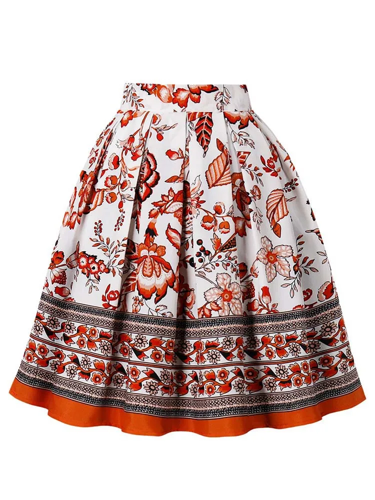 Floral Pleated Short Skirt For Women Summer Vintage High Waist Midi Skirt Female Vacation