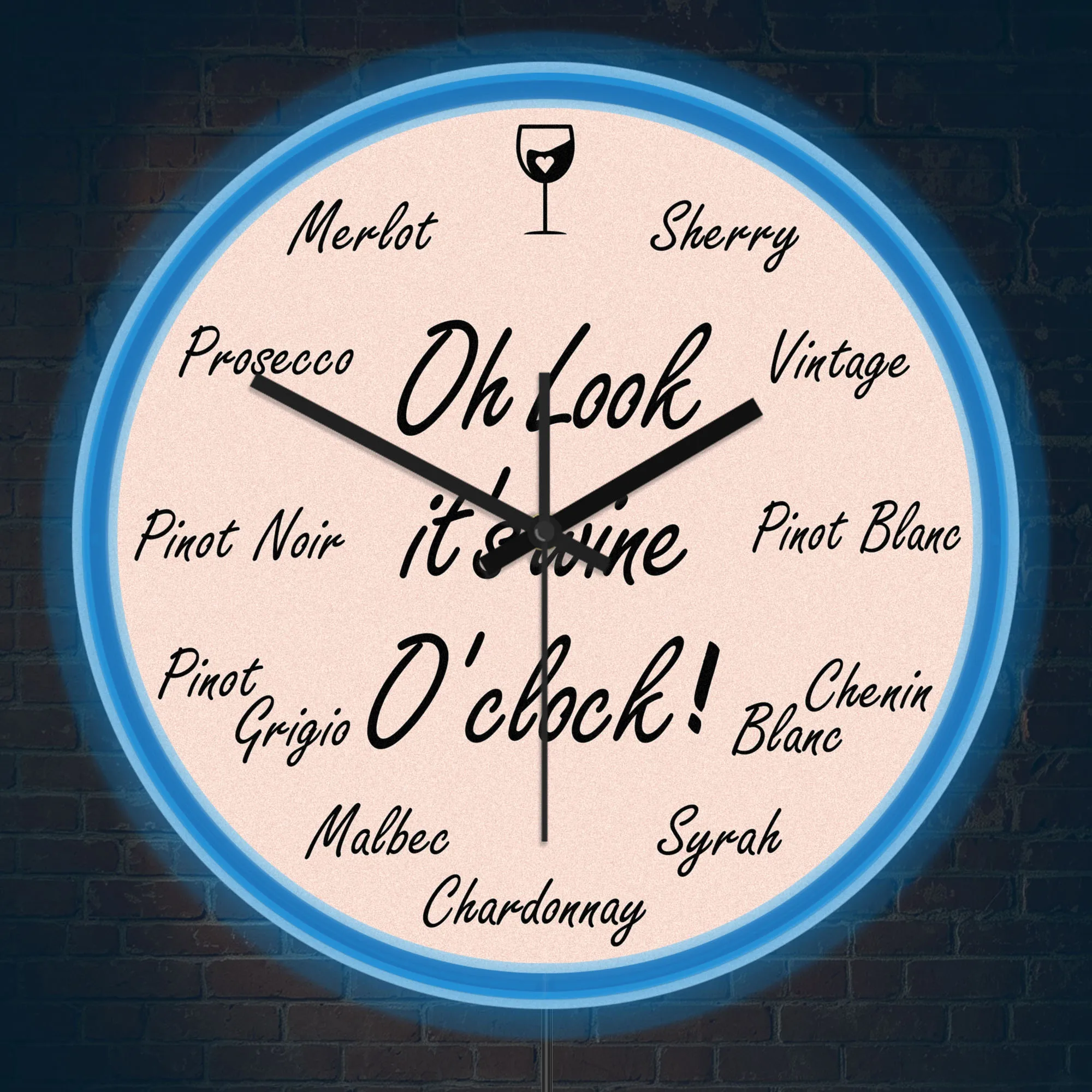 It’s Wine O’Clock Neon Wall Clock for Home Bar Pub Pantry Decor Humorous Wine Quote Illuminated Sign LED Light Up Wall Clock