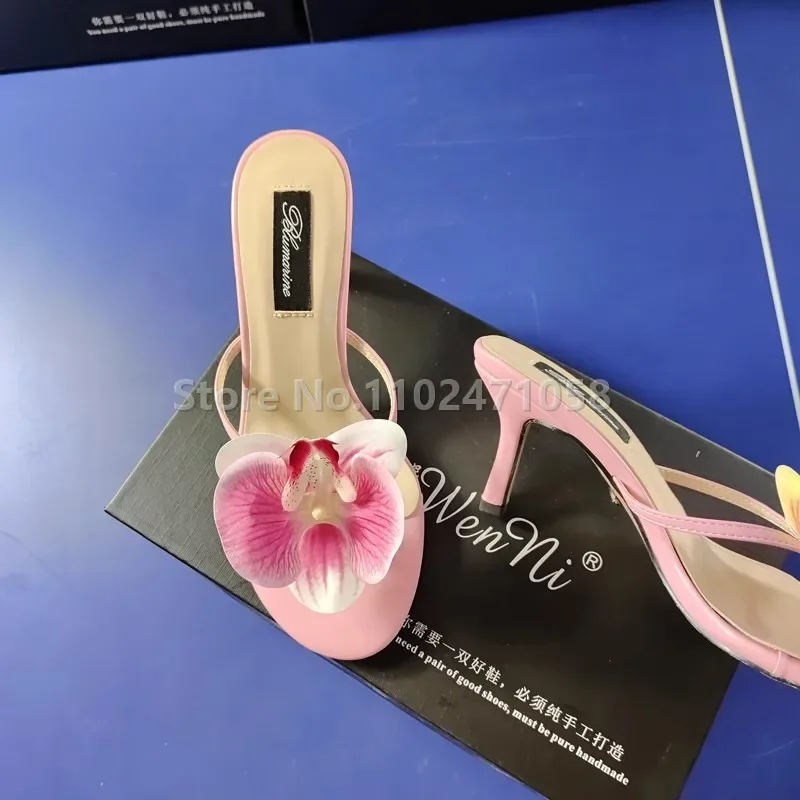 Pink Orchid Flowers Decor Women Slippers Summer Outside High Heels Shoes Round Toe Thin Heels Ladies Slingback Slip-On Flipflops