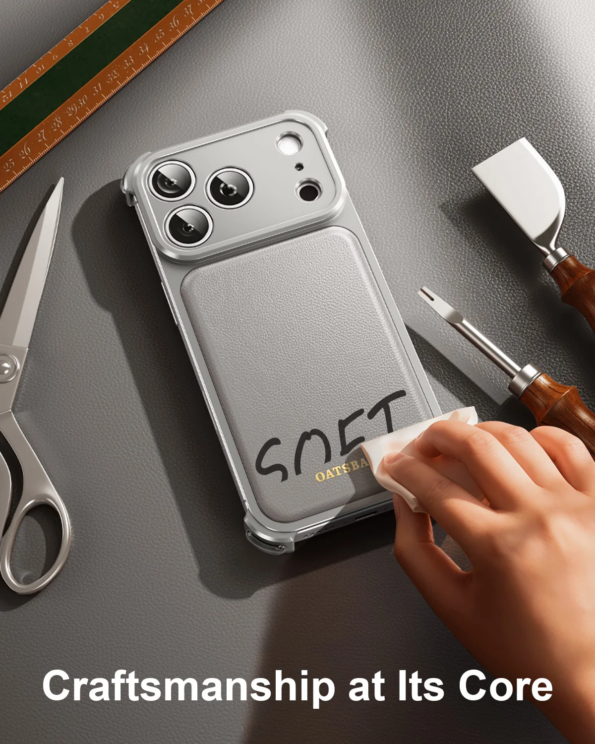 

Кожаный чехол для телефона Oatsbasf для iPhone 17 Pro Max/16 Pro, противоударный защитный металлический безрамный чехол-бампер Magsafe