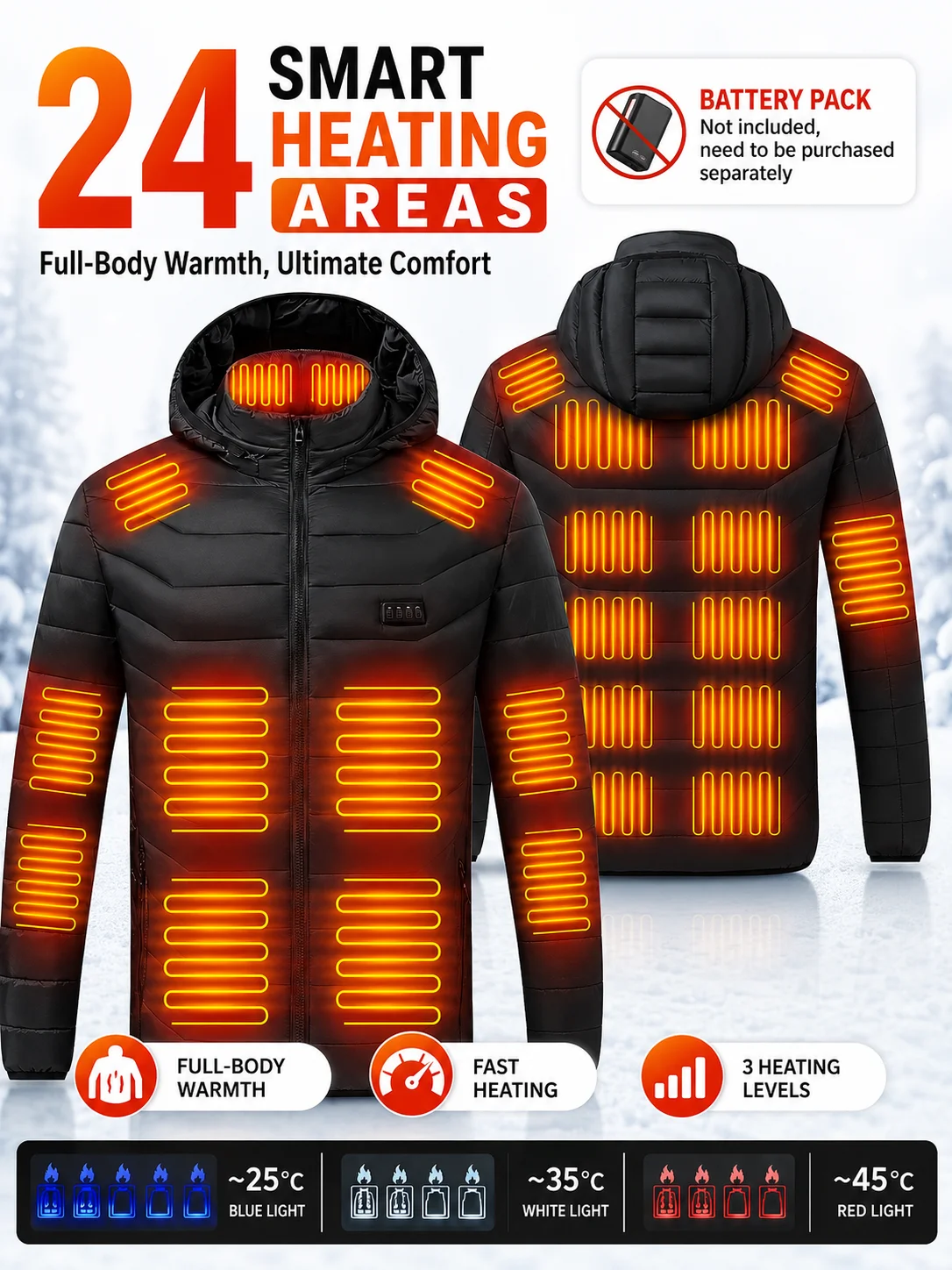 Men'S Heated Jacket with 3 Heat Settings, 24 Heating Zones, Hooded Winter Coat for Casual Outdoor Wear - Black, Polyester, Long Sleeve, Zip-Up, Four Control Buttons, Warmth for Autumn and Winter, Heated Jacket