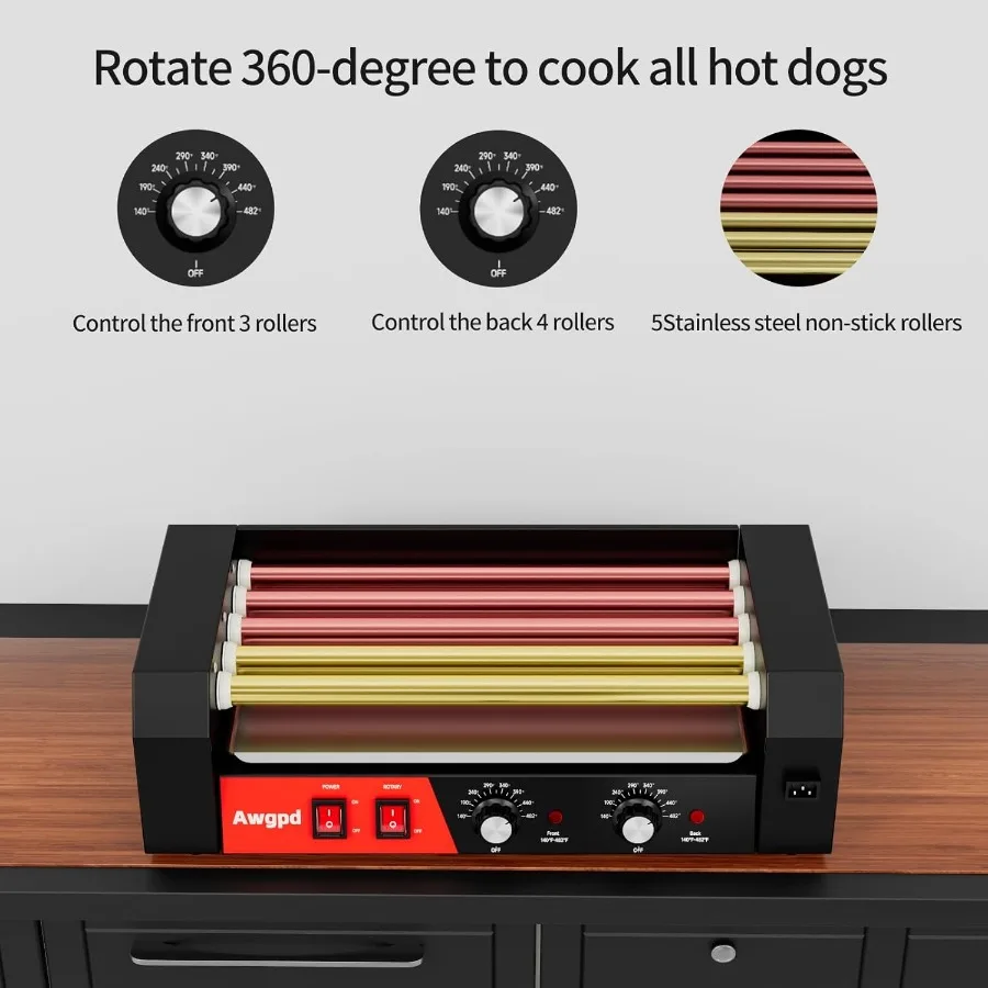 Rullo per hot dog 5 rulli 12 hot dog Capacità 750W Macchina per fornelli per salsicce commerciale in acciaio inossidabile con doppio controllo della temperatura Rem