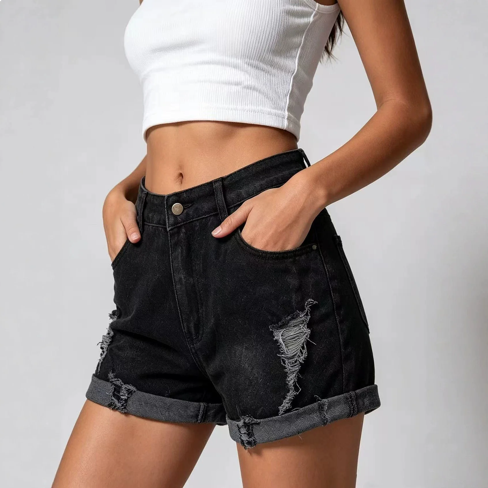 Denim Short Stretchy Ripped Straight Leg Spring Summer Women's Shorts