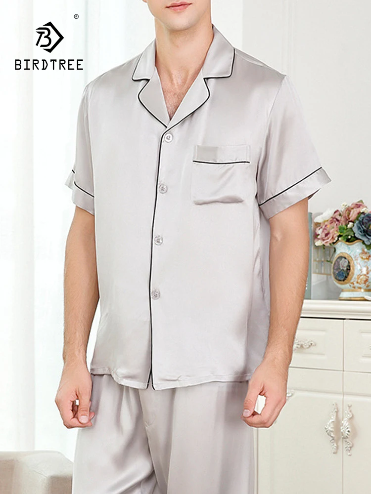 

BirdTree, 100%Real Silk Pajamas Set, Men's Short Sleeve Long Pants, Loose Casual Simple Thin Homewear, 2024 Summer New S45065QC