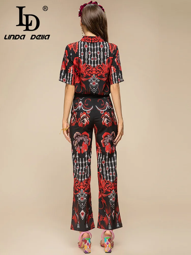 LD LINDA DELLA Summer Runway Fashion Black Pants Set Women Short sleeve Printed Tops and High waist pants 2 Pieces Set