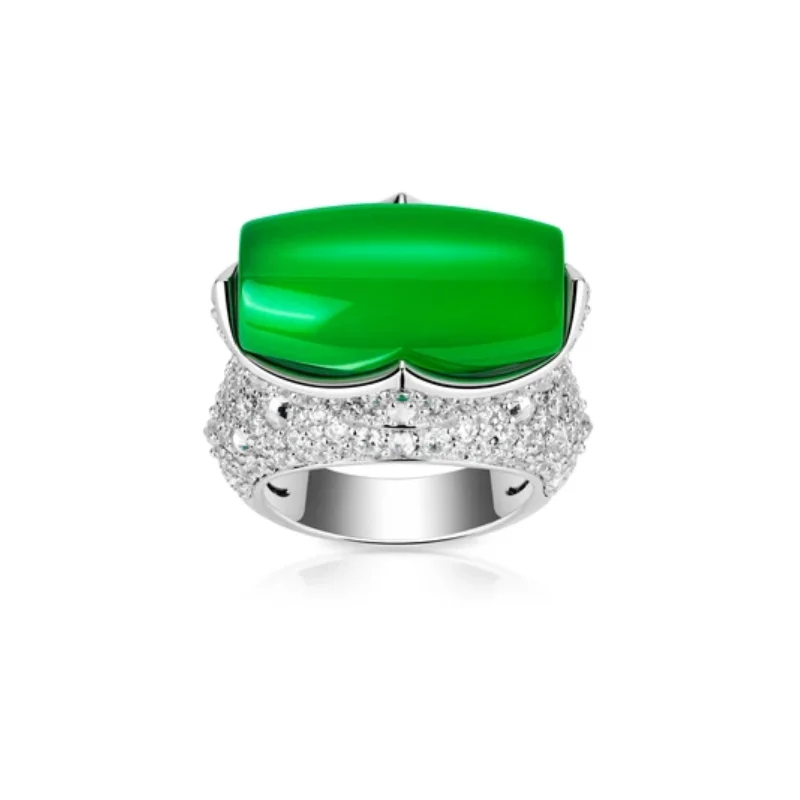 Bellux Women Luxury Green Jade Rotatable Ring 925 Silver Full Pave Zircon Wide Band Ring Party Banquet Fashion Jewelry Rings