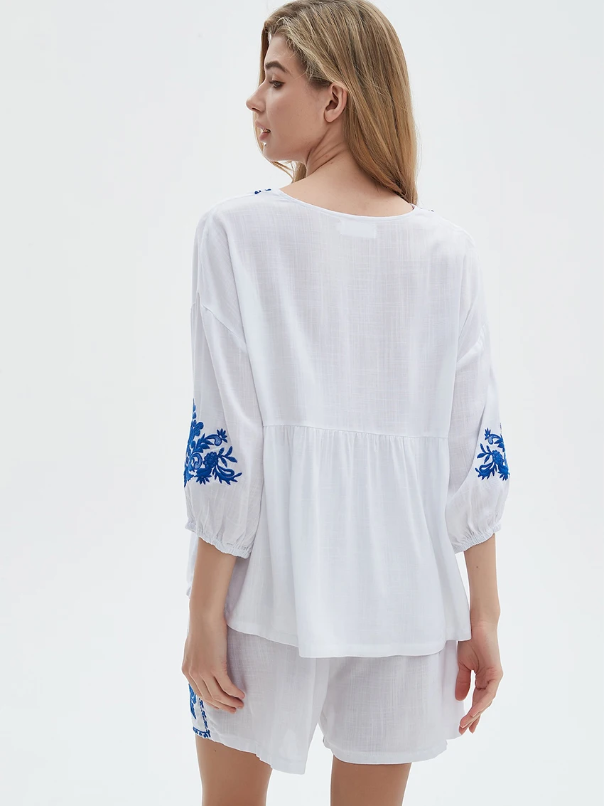 Parc Fee Fashion Loose Print Women's Two Pieces Set 2025 Casual Three-Quarters Sleeve Shirt With High Waist Shorts Set Female