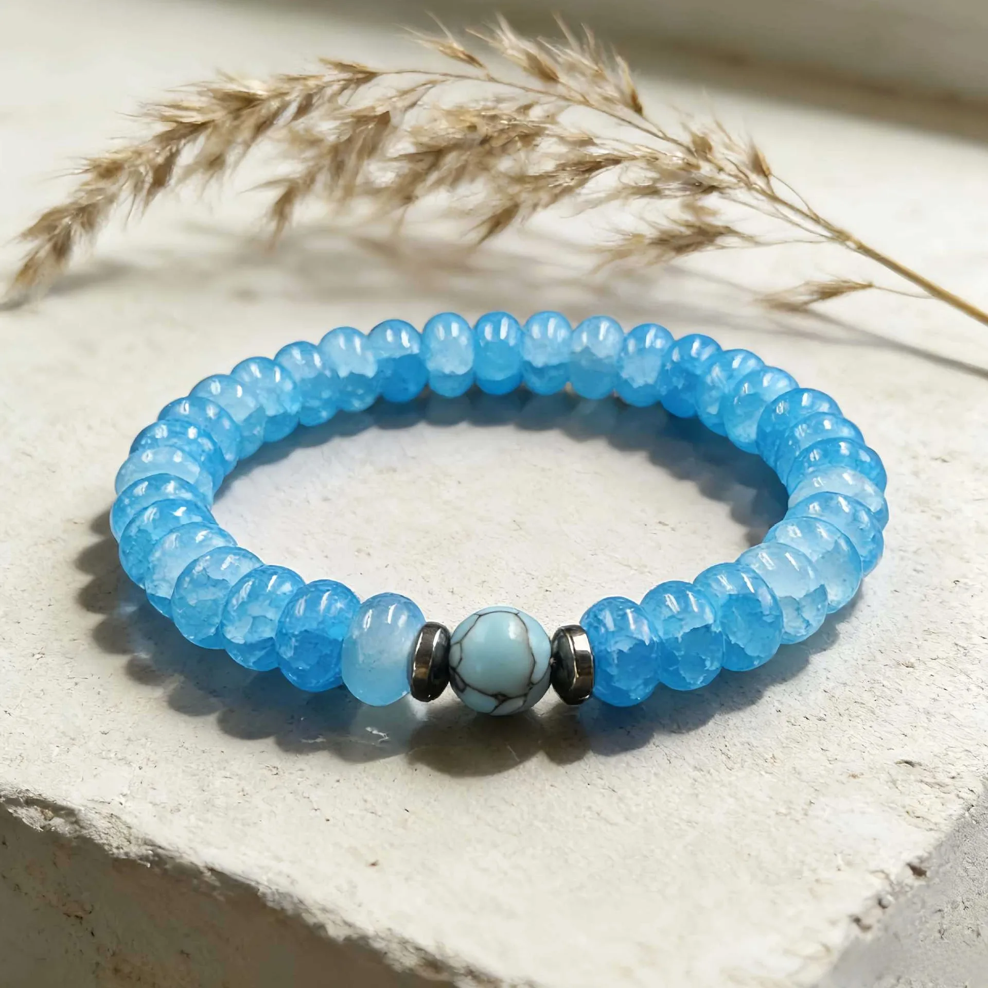 High Transparency Ice Cracked Blue Jade Abacus Beads Bracelet, Turquoise Pattern Accents, Women's Blue Tone Beaded Jewelry