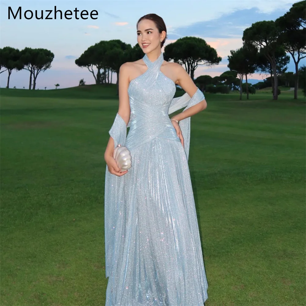 

Mouzhetee Shiny A-Line Halter Pleat Sleeveless Evening Dresses Formal Party Gowns for Women Simple Prom Gown Customized 2026