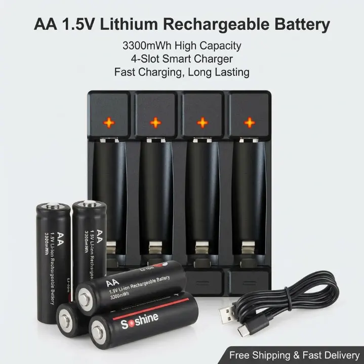 

AA 1.5V Lithium Rechargeable Battery 3300mWh with Charger for Camera Toys Remote Control Electronic Devices
