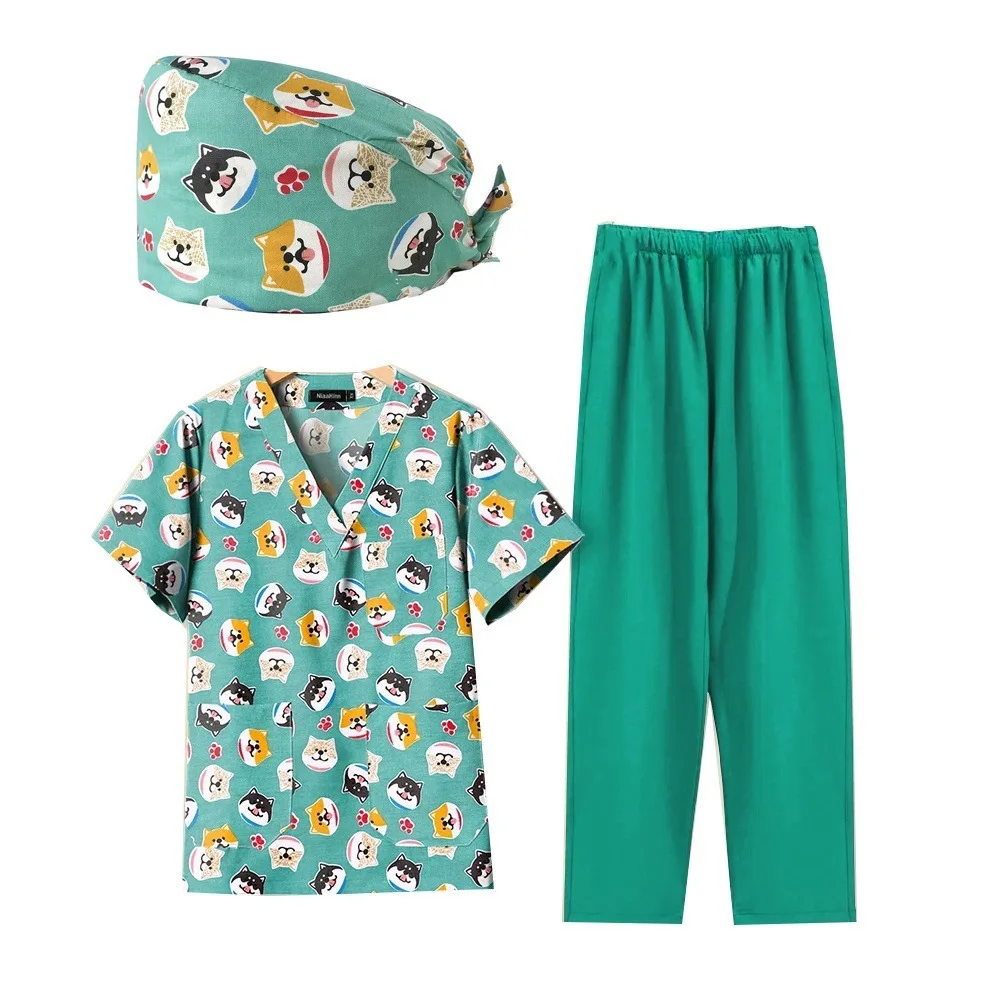 Kurz ärmel ige phare Krankens ch wester Uniform Tierklinik Arzt Arbeits kleidung Zahn chirurgie Uniformen medizinischen Cartoon-Druck dreiteiligen Anzug