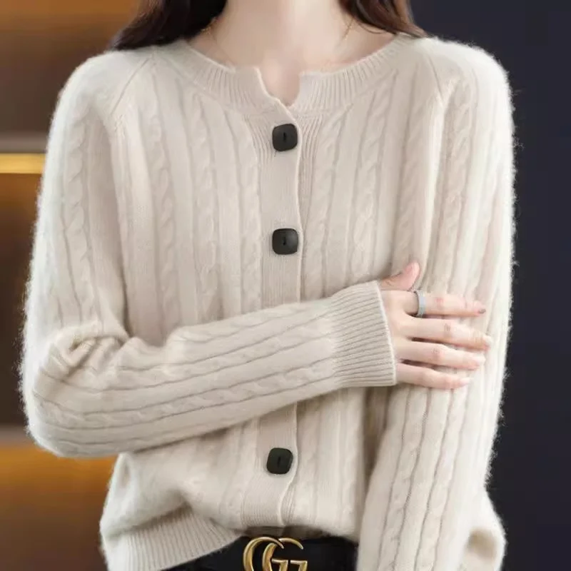 Wool Cardigan Women\'s Spring Autumn New Loose Thicken Knitted Sweater Cashmere Jacket Female Solid color Casual Jacket Top