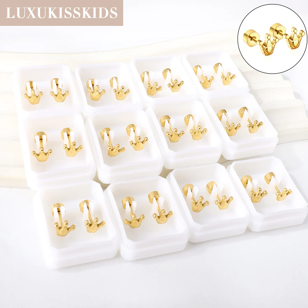 

LUXUKISSKIDS Gothic 12pairs/Lots Earrings Sets Crown Stud Piercing Stainless Steel Screw Pack 18K Gold Plated For Small Business