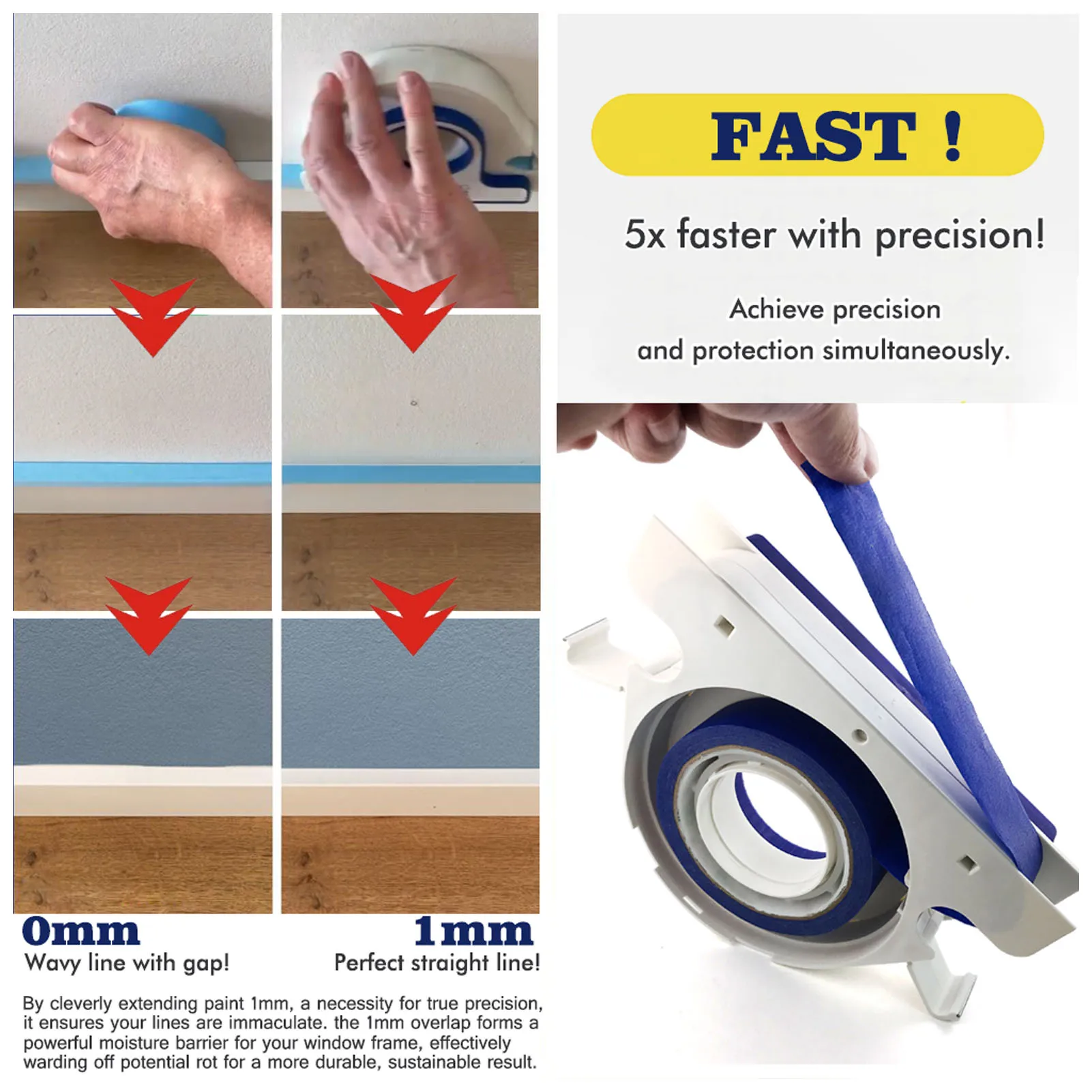 Masking Paint Tape Applicator Set Dispenser Tool with 5 Roll 25mm Width Blue Painter Tape Portable Cutter for Trim Door Frames