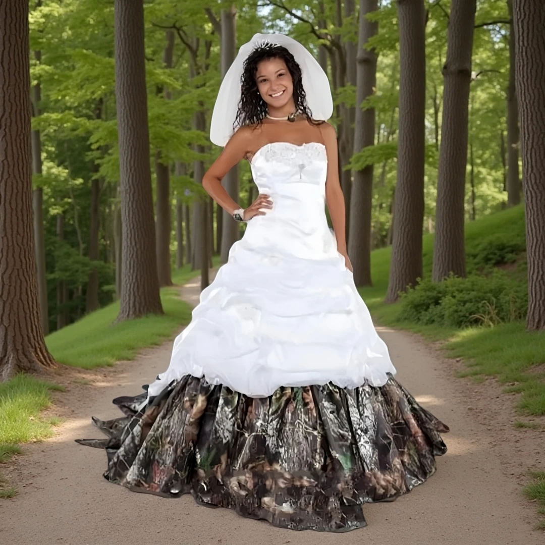 

Vintage Camo Wedding Dress Ruched Pick-Up Sweetheart Strapless Sleeveless Appliques A line Satin Country Bridal Gown Customized