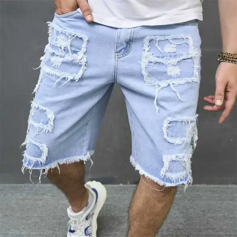 Denim Hole Knee Length Men Washed Jean Mid Waist Spliced Ripped Pockets Loose Fit Distressed Straight Pants 2025 Casual Shorts