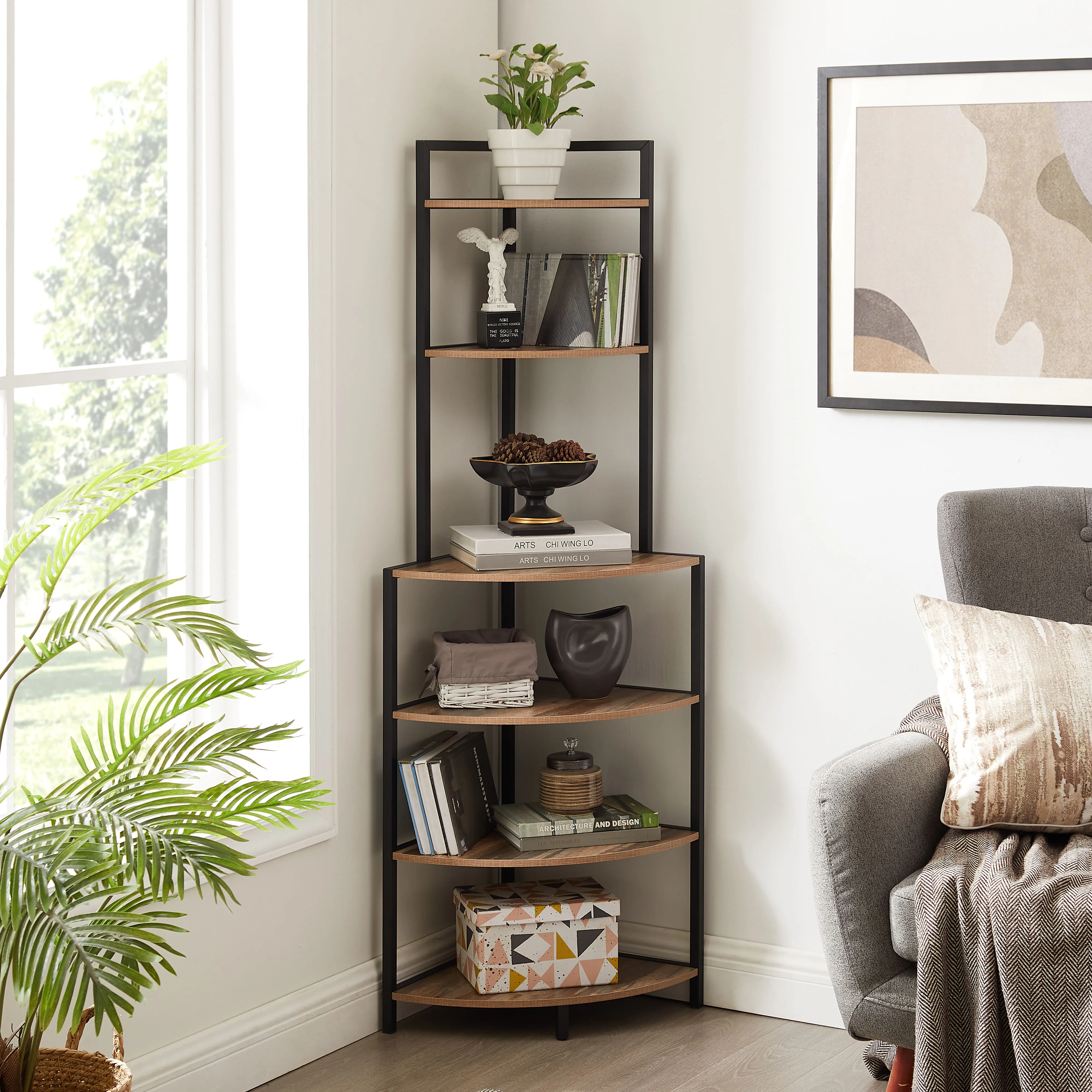 

6-Tier Corner Bookcase with Rustic Brown Finish, Modern Open Shelf Storage Unit for Home, Office, Kitchen, Small Space