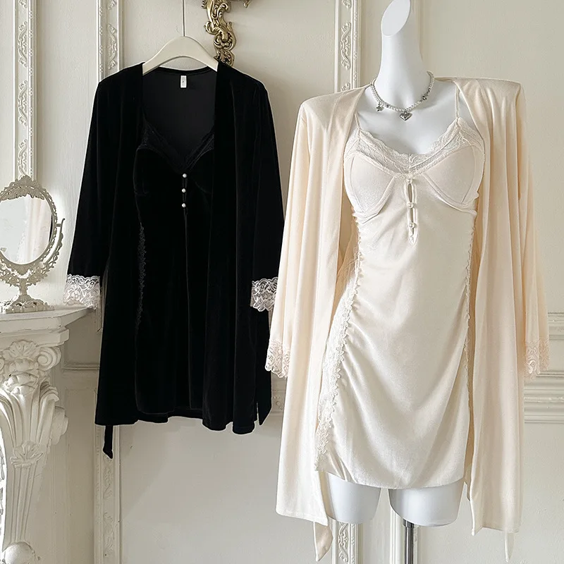 

2025 Autumn New Sleepwear Velour Sleepwear Backless Lace Trim Homewear 2Pcs Robe Suit Warm Kimono Bathrobe Lace Trim Lingerie