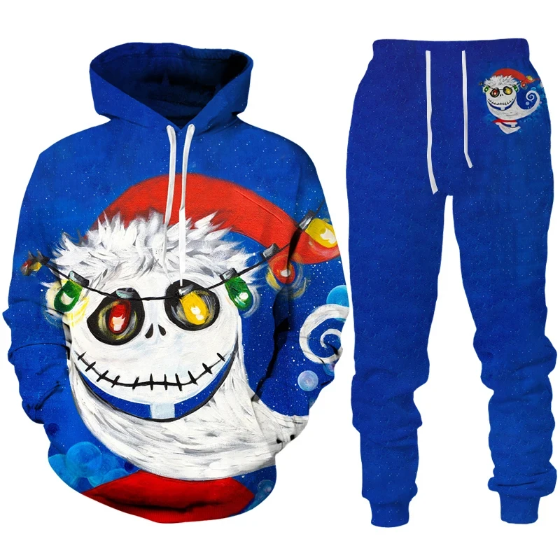 Hoodie Tracksuit Set Christmas Santa Claus 3D Print Man Hoodie  Pants 2pcs Sets New Year Holiday Party Casual Oversized Pullover