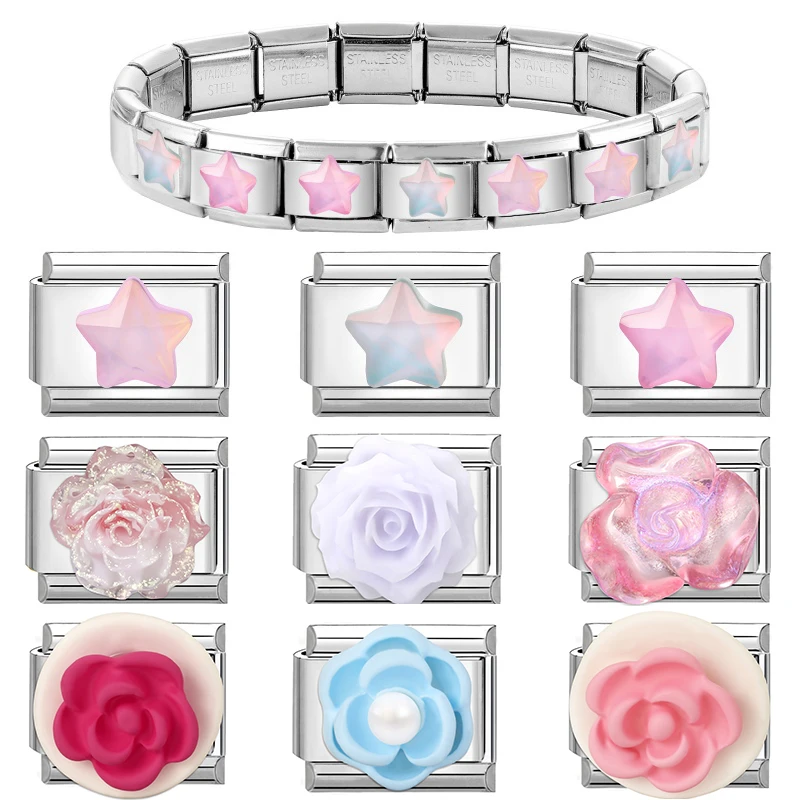 New 3D Star Flower Charm Bracelet Italian Charm Links Fit 9mm Bracelet Stainless Steel Women Making DIY Jewelry Gifts Wholesale