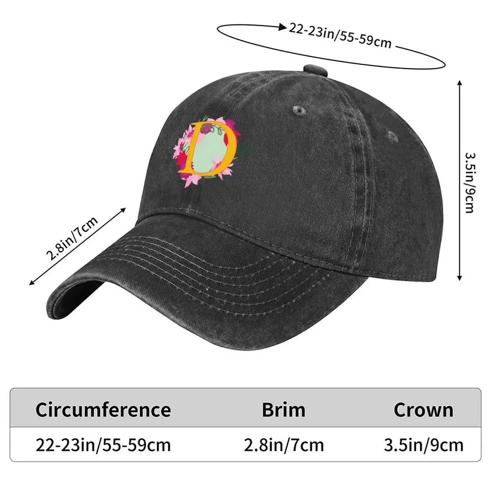 2026 Floral Monogram Letter D, Initial, Yellow Lettering Baseball Cap fun hats New Hat Beach Outing Man Women's