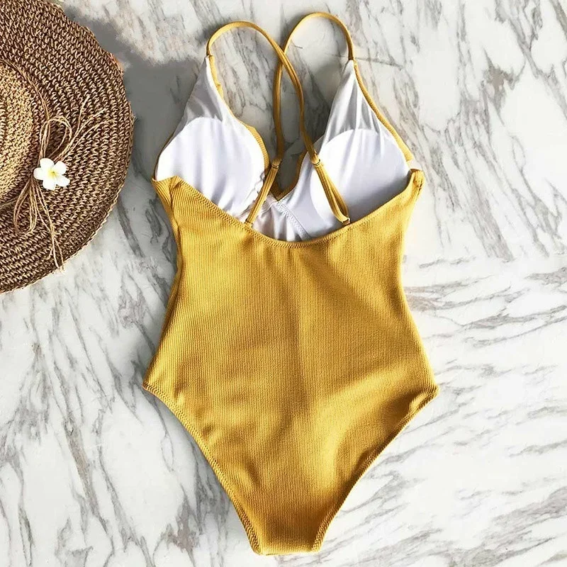 High Waisted Swimsuit Bikinis Set Women\'s One-Piece Swimsuit Solid Color Beach Swimwear Bathing Suit