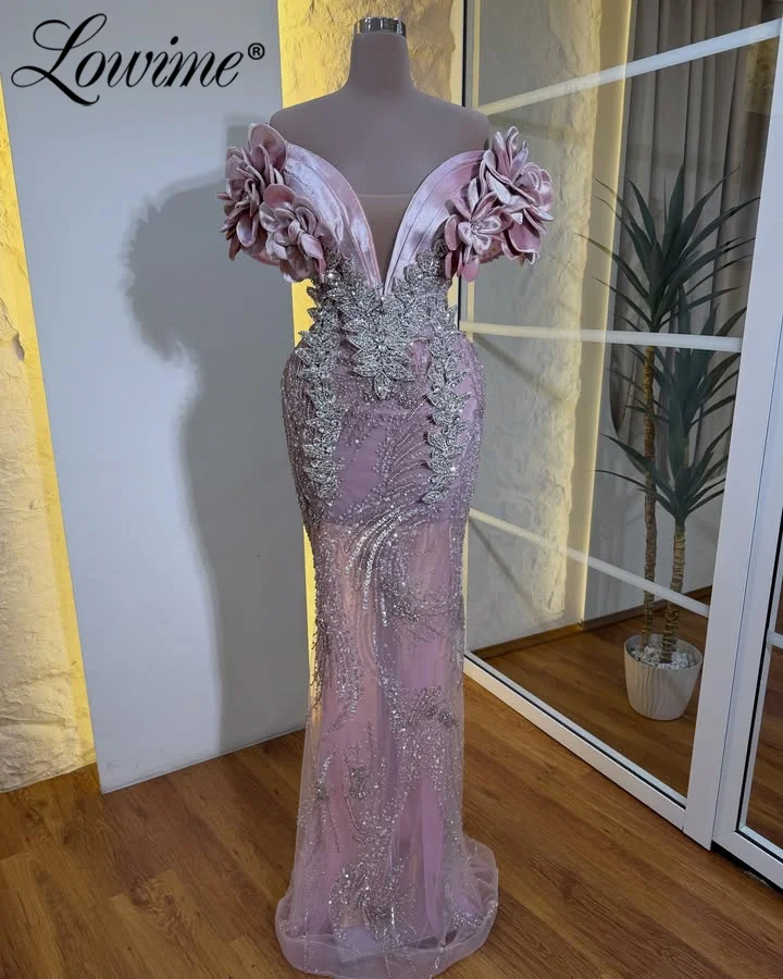 

Customized Pink Party Dress Velvet Flowers Mermaid Prom Dresses Customized Crystals Beaded Arabic Evening Gowns Cocktail Dresses