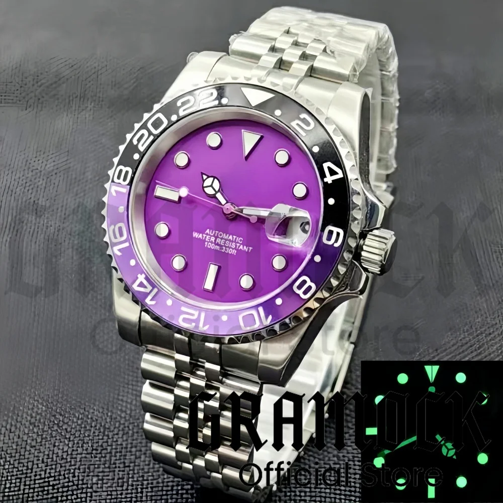 Gramock 40mm Stainless Steel Case With Sapphire Glass Pink Purple Green Luminous Date Window Dial NH35 waterproof watch for men